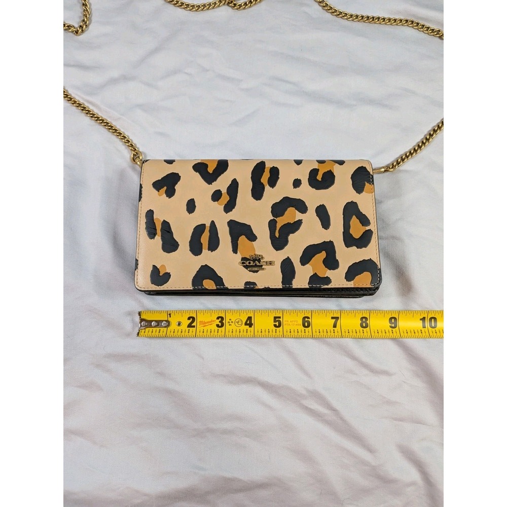 Coach Callie Foldover Chain Clutch Leopard Print Wallet Crossbody Brass Leather - Picture 7 of 9
